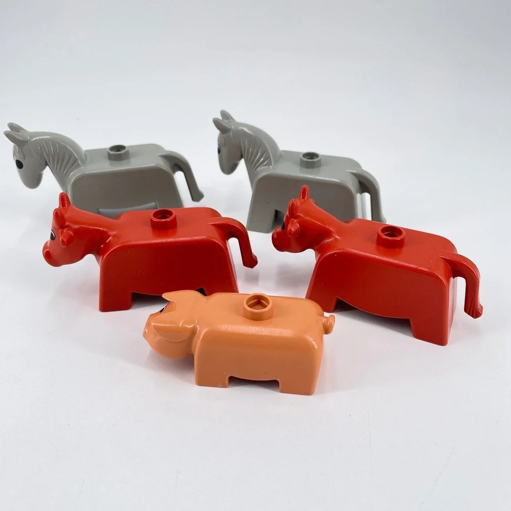 LEGO‎ Duplo Farm Animals Chunky Boxy 5pc Horses Cows Pig Red Grey Orange 1990s